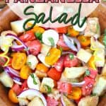 Tomato season calls for a delicious Jersey Fresh Panzanella Salad. Ripe juicy tomatoes pair up with rustic French baguette bread to create a delicious summer salad. This is an easy tomato salad recipe for summer. This panzanella bread salad is made with fresh tomatoes,, onion, mozzarella cheese and toasted bread cubes, all tossed in a homemade dressing.