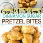 A simple recipe for a bread-making beginner, Cinnamon Sugar Pretzel Bites are a tasty treat made from scratch that will satisfy a sweet tooth. You can dip the warm homemade pretzel bites in your favorite dipping sauce - think caramel syrup or chocolate sauce. This easy homemade pretzel recipe makes a great afterschool snack idea for kids too. This is a copycat version of the famous Auntie Anne's Cinnamon Sugar Pretzels