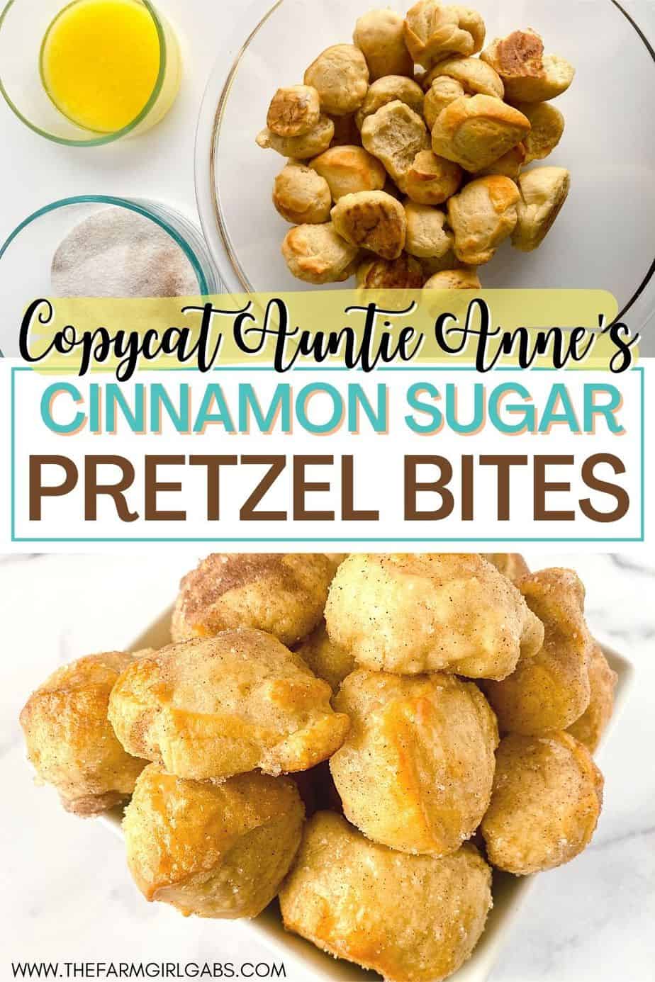 A simple recipe for a bread-making beginner, Cinnamon Sugar Pretzel Bites are a tasty treat made from scratch that will satisfy a sweet tooth. You can dip the warm homemade pretzel bites in your favorite dipping sauce - think caramel syrup or chocolate sauce. This easy homemade pretzel recipe makes a great afterschool snack idea for kids too. This is a copycat version of the famous Auntie Anne's Cinnamon Sugar Pretzels