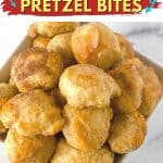A simple recipe for a bread-making beginner, Cinnamon Sugar Pretzel Bites are a tasty treat made from scratch that will satisfy a sweet tooth. You can dip the warm homemade pretzel bites in your favorite dipping sauce - think caramel syrup or chocolate sauce. This easy homemade pretzel recipe makes a great afterschool snack idea for kids too. This is a copycat version of the famous Auntie Anne's Cinnamon Sugar Pretzels