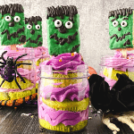 Cute and spooky, these easy Frankenstein Cupcakes In A Jar are perfect for a Halloween party. This kid-friendly Halloween recipe is made from doctored-up box cake mix and topped with a Frankenstein Rice Krispies treat.