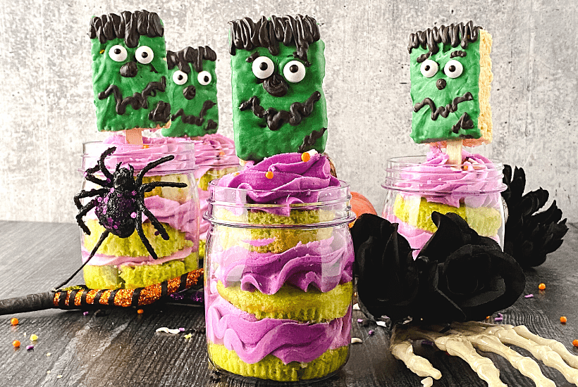 Cute and spooky, these easy Frankenstein Cupcakes In A Jar are perfect for a Halloween party. This kid-friendly Halloween recipe is made from doctored-up box cake mix and topped with a Frankenstein Rice Krispies treat.