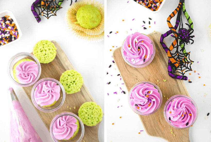 Cute and spooky, these easy Frankenstein Cupcakes In A Jar are perfect for a Halloween party. This kid-friendly Halloween recipe is made from doctored-up box cake mix and topped with a Frankenstein Rice Krispies treat.