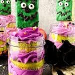 Cute and spooky, these easy Frankenstein Cupcakes In A Jar are perfect for a Halloween party. This kid-friendly Halloween recipe is made from doctored-up box cake mix and topped with a Frankenstein Rice Krispies treat.