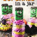 Cute and spooky, these easy Frankenstein Cupcakes In A Jar are perfect for a Halloween party. This kid-friendly Halloween recipe is made from doctored-up box cake mix and topped with a Frankenstein Rice Krispies treat.