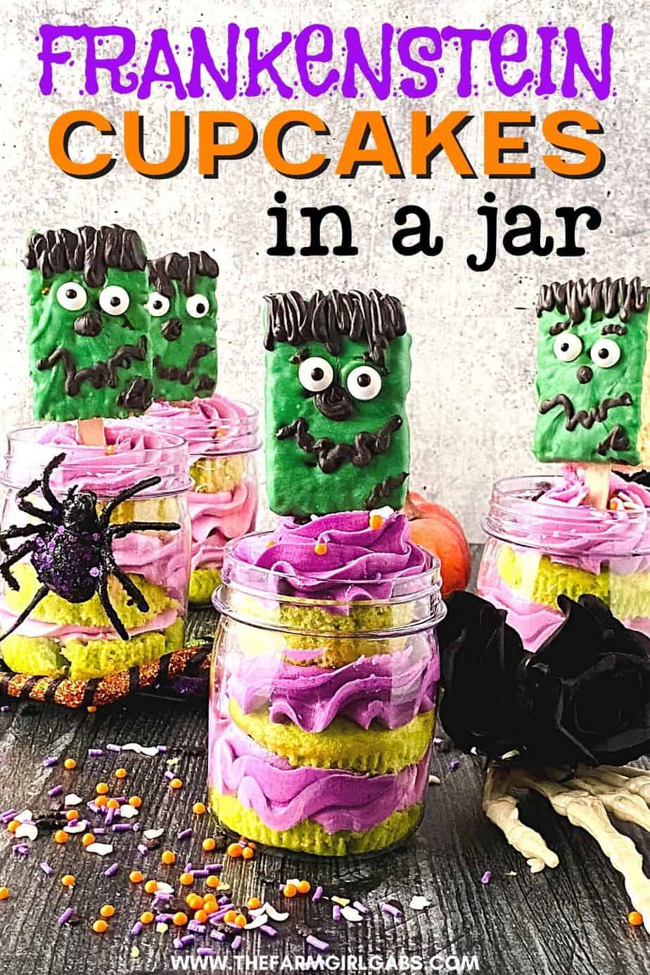 Cute and spooky, these easy Frankenstein Cupcakes In A Jar are perfect for a Halloween party. This kid-friendly Halloween recipe is made from doctored-up box cake mix and topped with a Frankenstein Rice Krispies treat.
