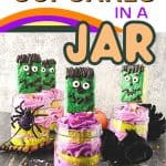 Cute and spooky, these easy Frankenstein Cupcakes In A Jar are perfect for a Halloween party. This kid-friendly Halloween recipe is made from doctored-up box cake mix and topped with a Frankenstein Rice Krispies treat.