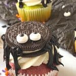 Oreo Spider Cupcakes for Halloween are a tasty treat that kids will love eating and making. The colorful and cute cupcakes are sure to be a huge hit at Halloween gatherings, birthday parties and fall activities with family and friends. The best part yet, this Halloween-inspired cupcake recipe is topped with an Oreo cookie spider.