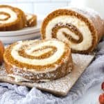 You can't go wrong with a classic pumpkin roll recipe. This easy fall dessert has a soft pumpkin cake filled with a slightly sweet cream cheese filling. Add a dusting of powdered sugar and you have a delicious fall dessert idea.