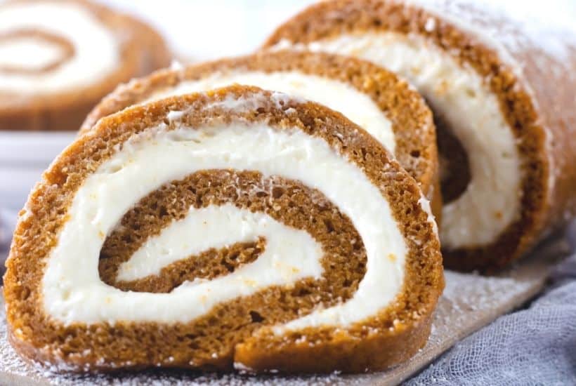 You can't go wrong with a classic pumpkin roll recipe. This easy fall dessert has a soft pumpkin cake filled with a slightly sweet cream cheese filling. Add a dusting of powdered sugar and you have a delicious fall dessert idea.