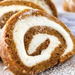 You can't go wrong with a classic pumpkin roll recipe. This easy fall dessert has a soft pumpkin cake filled with a slightly sweet cream cheese filling. Add a dusting of powdered sugar and you have a delicious fall dessert idea.