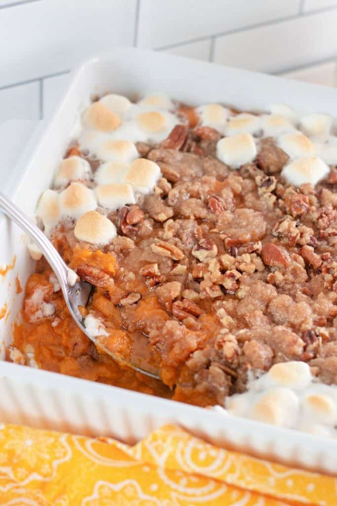This easy Sweet Potato Casserole with Pecan Streusel is a holiday favorite! You can't beat the combination of sweet and salty flavors in this Thanksgiving dish that will have your family asking for seconds.