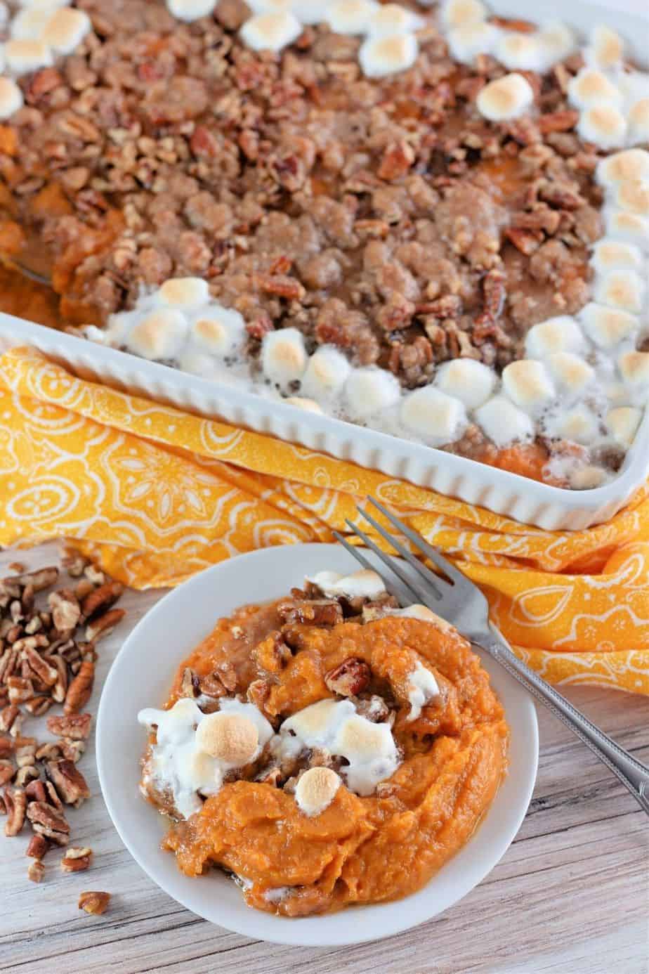 This easy Sweet Potato Casserole with Pecan Streusel is a holiday favorite! You can't beat the combination of sweet and salty flavors in this Thanksgiving dish that will have your family asking for seconds.