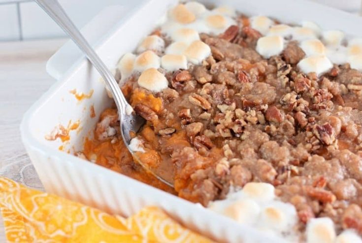 This easy Sweet Potato Casserole with Pecan Streusel is a holiday favorite! You can't beat the combination of sweet and salty flavors in this Thanksgiving dish that will have your family asking for seconds.