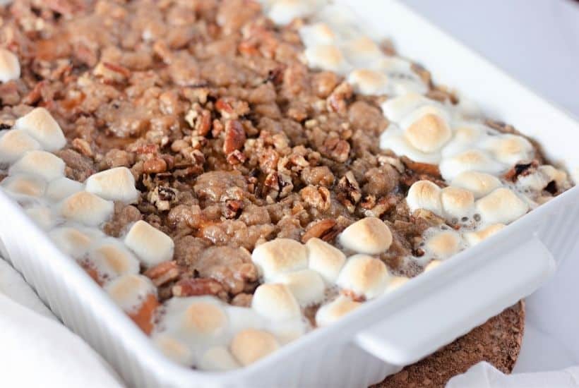This easy Sweet Potato Casserole with Pecan Streusel is a holiday favorite! You can't beat the combination of sweet and salty flavors in this Thanksgiving dish that will have your family asking for seconds.