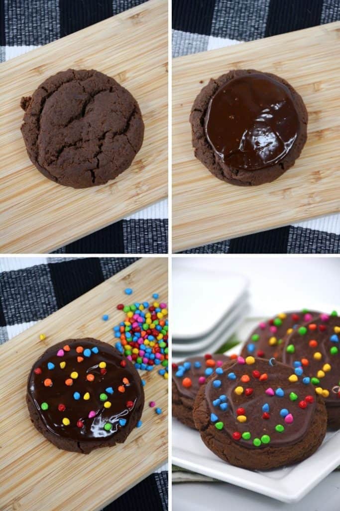 A chocolatey cookie with a chocolate ganache topping and colorful rainbow chips on top will be a showstopper in not only the presentation but in taste! Chocolate lovers definitely need to try this unique and delicious recipe for copycat Crumbl Cosmic Brownie Cookies. This easy chocolate cookie recipe is a big hit!