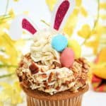 Enjoy the taste of these sweet, flavorful baked treats just in time for the Easter holiday with this recipe for Carrot Cake Bunny Cupcakes. Not only do they taste delicious, but they’re also so much fun to prepare! These Easter cupcakes are extra moist with a rich and silky cream cheese frosting swirled on top. These easy cupcakes are perfect for an Easter party or to serve as an Easter dessert after dinner.
