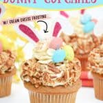 Enjoy the taste of these sweet, flavorful baked treats just in time for the Easter holiday with this recipe for Carrot Cake Bunny Cupcakes. Not only do they taste delicious, but they’re also so much fun to prepare! These Easter cupcakes are extra moist with a rich and silky cream cheese frosting swirled on top. These easy cupcakes are perfect for an Easter party or to serve as an Easter dessert after dinner.