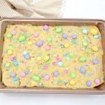 Make fun and flavorful Easter Cookie Bars for the holiday. These easy cookie bars are sure to be a huge hit for your Easter celebration. These thick and chewy M&M Cookies bars are perfect for any holiday or occasion. Fill them with chocolate chips, M&M's, or any chopped chocolate candy. They're also perfect to use up leftover Halloween candy.