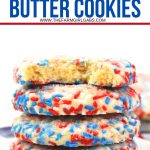 There is no better way to celebrate a day like July 4th than with some homemade red, white, and blue Patriotic Butter Cookies. Try this recipe for some of the tastiest, most flavorful baked cookies ever! This easy red, white and blue recipe is a delicious 4th of July Recipe. This classic butter cookie recipe is rolled in red, white and blue patriotic sprinkles.