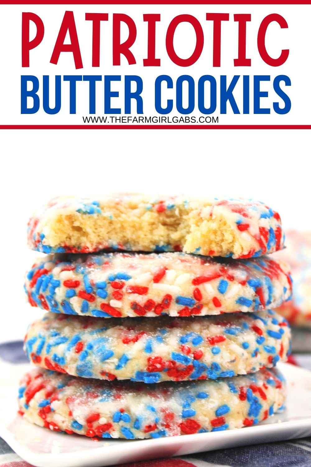 There is no better way to celebrate a day like July 4th than with some homemade red, white, and blue Patriotic Butter Cookies. Try this recipe for some of the tastiest, most flavorful baked cookies ever! This easy red, white and blue recipe is a delicious 4th of July Recipe. This classic butter cookie recipe is rolled in red, white and blue patriotic sprinkles.
