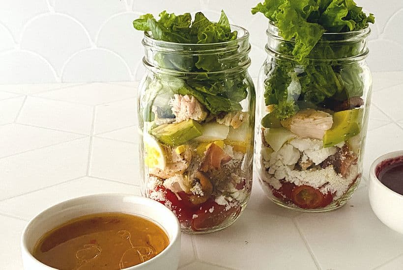 Delicious, light and flavorful is the way to go with this Grilled Chicken Cobb Salad recipe. This easy meal idea is great to take with you when you’re on the go, whether you’re headed to work or traveling. This salad is portable too! This is a great mason jar recipe to take to work or serve at a picnic. Summertime is the perfect time to enjoy salads. This Grilled Chicken Cobb Salad is delicious in so many ways, go ahead and give it a try!