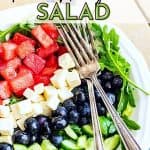 Watermelon Feta Arugula Salad is the perfect summer salad! The sweetness of the watermelon pairs perfectly with the salty feta, and the peppery arugula gives it a nice bite. If you're looking for a delicious summer salad, then this Watermelon Feta Arugula Salad is just what you've been looking for! It also makes a great patriotic recipe for your 4th of July party.