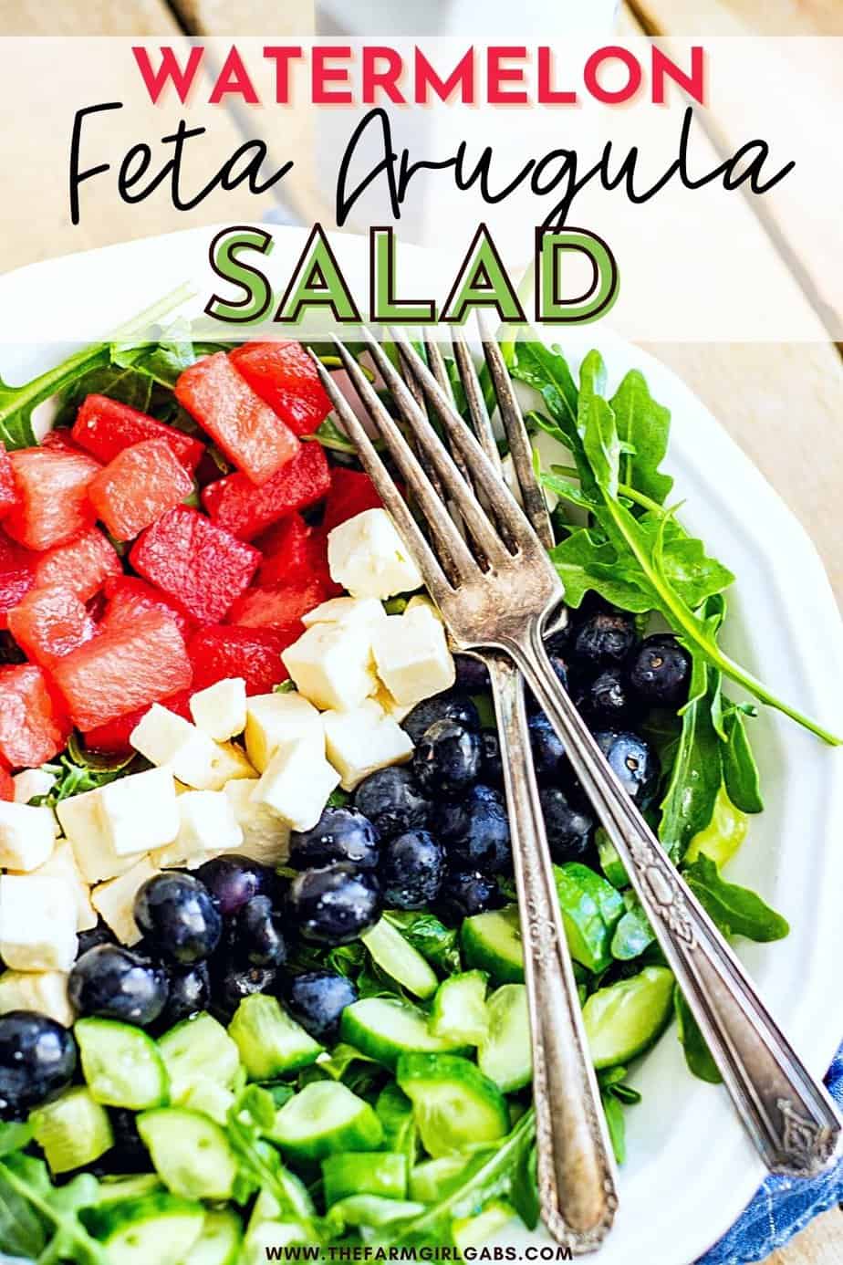 Watermelon Feta Arugula Salad is the perfect summer salad! The sweetness of the watermelon pairs perfectly with the salty feta, and the peppery arugula gives it a nice bite. If you're looking for a delicious summer salad, then this Watermelon Feta Arugula Salad is just what you've been looking for! It also makes a great patriotic recipe for your 4th of July party.
