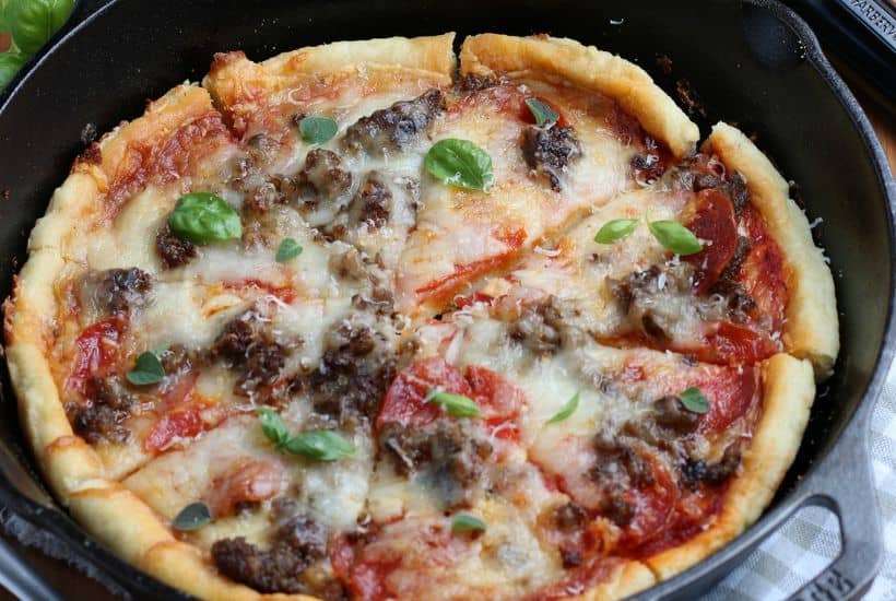 Who says you need takeout when you’re in the mood for pizza? Give this savory and delicious Cast Iron Skillet Pizza recipe a try, you won’t be disappointed! It's an easy homemade pizza recipe.
