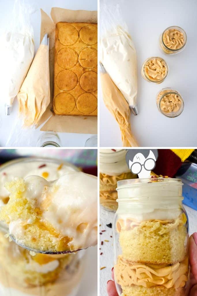 Harry Potter lovers can rejoice over this fun, flavorful recipe for Butterbeer Cake Jars. They're a sweet, decadent treat, perfect for serving at Harry Potter-themed parties!