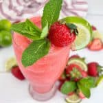 Enjoy this summertime drink that is so good! This frozen Strawberry Mojito is full of flavor and is super easy to make. This easy summer drink recipe is slightly sweet with a zesty punch from adding fresh and flavorful lime juice to the mix.