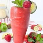 Enjoy this summertime drink that is so good! This frozen Strawberry Mojito is full of flavor and is super easy to make. This easy summer drink recipe is slightly sweet with a zesty punch from adding fresh and flavorful lime juice to the mix.