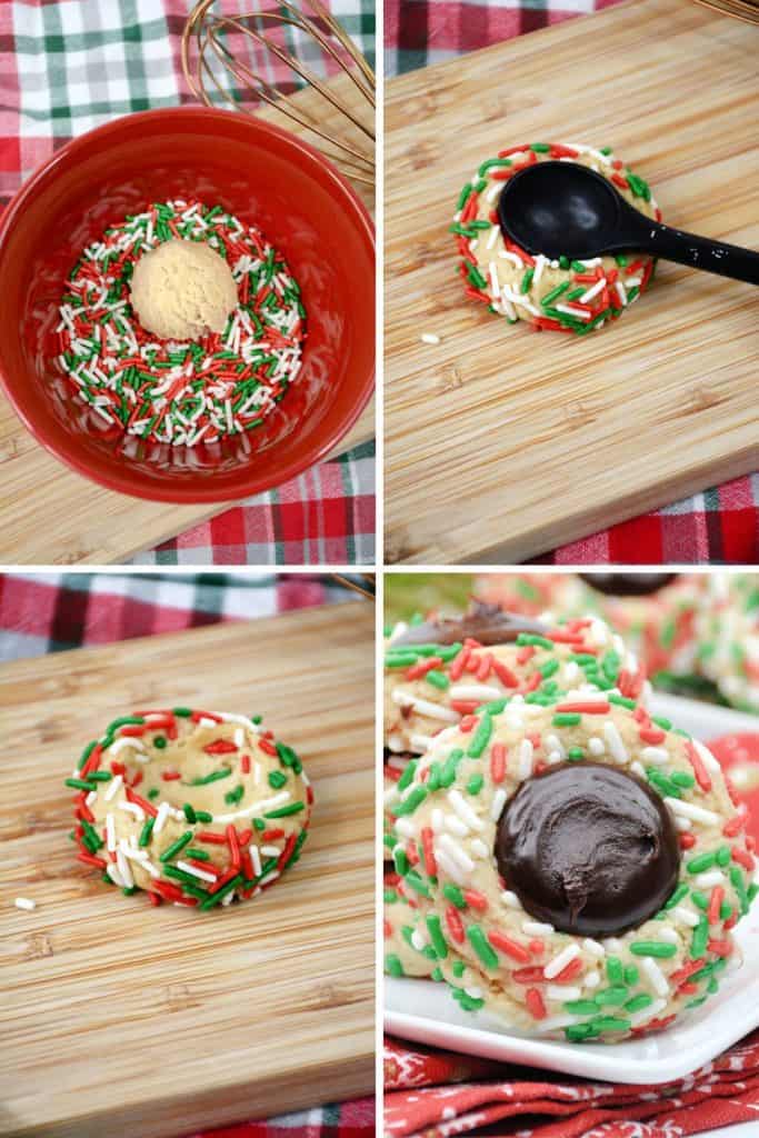 have a buttery cookie base, rolled in an array of festive sprinkles, creating a dazzling display of colors. But wait, there's more! Nestled in the center lies a rich, gooey pool of chocolatey goodness that will have you reaching for seconds before you even finish the first bite. Perfect for a holiday cookie swap!