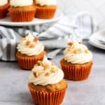 These Carrot Cake Cupcakes are moist and flavorful with a hint of cinnamon. The decadent cream cheese frosting adds the perfect finishing touch with a creamy tanginess that compliments the sweetness of the cupcakes perfectly.