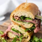 This Roast Beef Sandwich is no ordinary sandwich! With medium-rare roast beef, arugula, shaved parmesan, and roasted pine nuts, this roast beef sandwich is over-the-top delicious. And when you slather on that homemade truffle mayo it becomes absolute perfection.