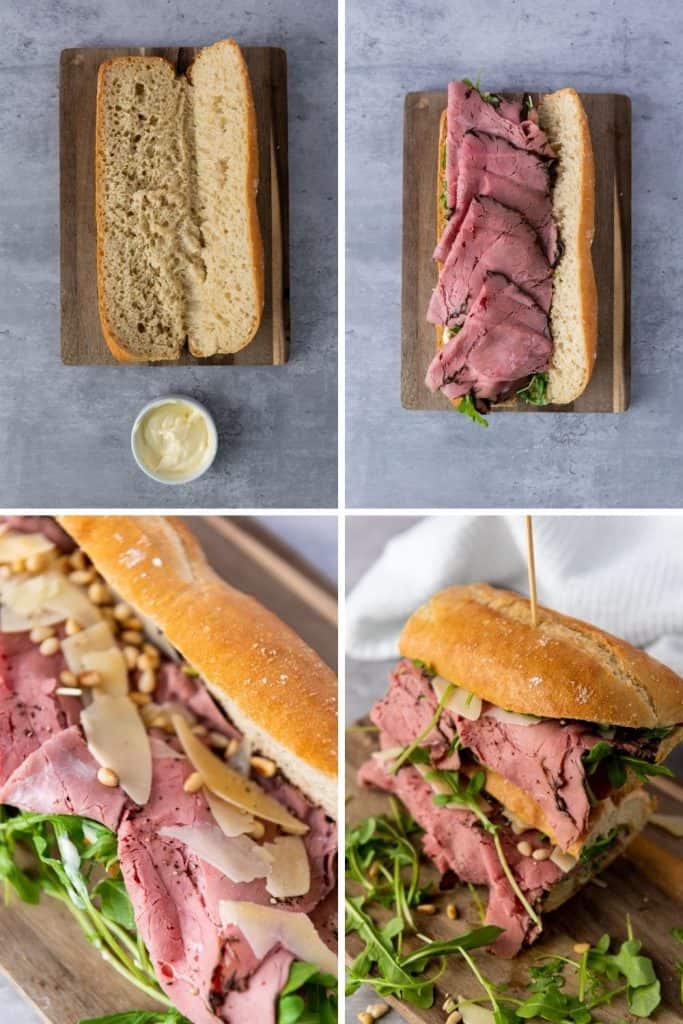 This Roast Beef Sandwich is no ordinary sandwich! With medium-rare roast beef, arugula, shaved parmesan, and roasted pine nuts, this roast beef sandwich is over-the-top delicious. And when you slather on that homemade truffle mayo it becomes absolute perfection.