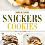 These Soft & Chewy Snickers Cookies are a delightful treat that has all the flavors of a Snickers bar. The double chocolate cookies are soft and chewy while the nougat whipped frosting adds a totally different chewy element. Topped with melted caramel, chocolate, and peanuts, these Snickers cookies truly are the perfect sweet treat.