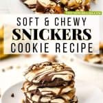 These Soft & Chewy Snickers Cookies are a delightful treat that has all the flavors of a Snickers bar. The double chocolate cookies are soft and chewy while the nougat whipped frosting adds a totally different chewy element. Topped with melted caramel, chocolate, and peanuts, these Snickers cookies truly are the perfect sweet treat.