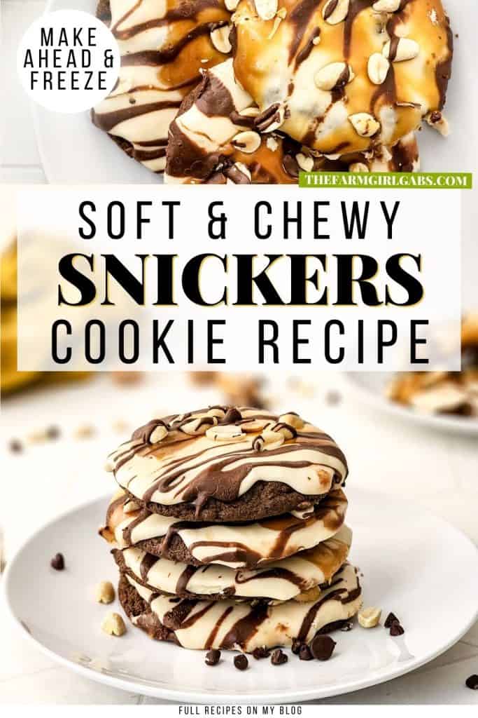 These Soft & Chewy Snickers Cookies are a delightful treat that has all the flavors of a Snickers bar. The double chocolate cookies are soft and chewy while the nougat whipped frosting adds a totally different chewy element. Topped with melted caramel, chocolate, and peanuts, these Snickers cookies truly are the perfect sweet treat.