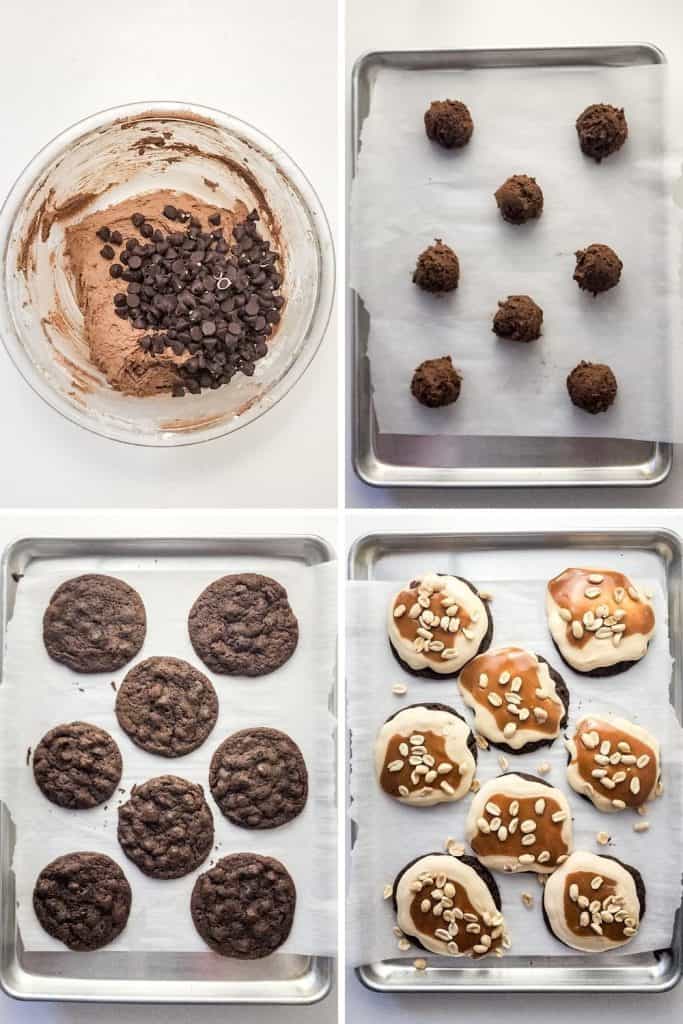 These Soft & Chewy Snickers Cookies are a delightful treat that has all the flavors of a Snickers bar. The double chocolate cookies are soft and chewy while the nougat whipped frosting adds a totally different chewy element. Topped with melted caramel, chocolate, and peanuts, these Snickers cookies truly are the perfect sweet treat.