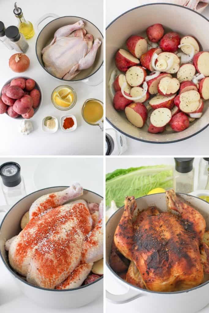 This Dutch Oven Roasted Chicken is the ultimate one-pot meal! Juicy chicken with a crispy golden brown skin is roasted to perfection with lemon and garlic, along with potatoes that soak up all the delicious flavors.