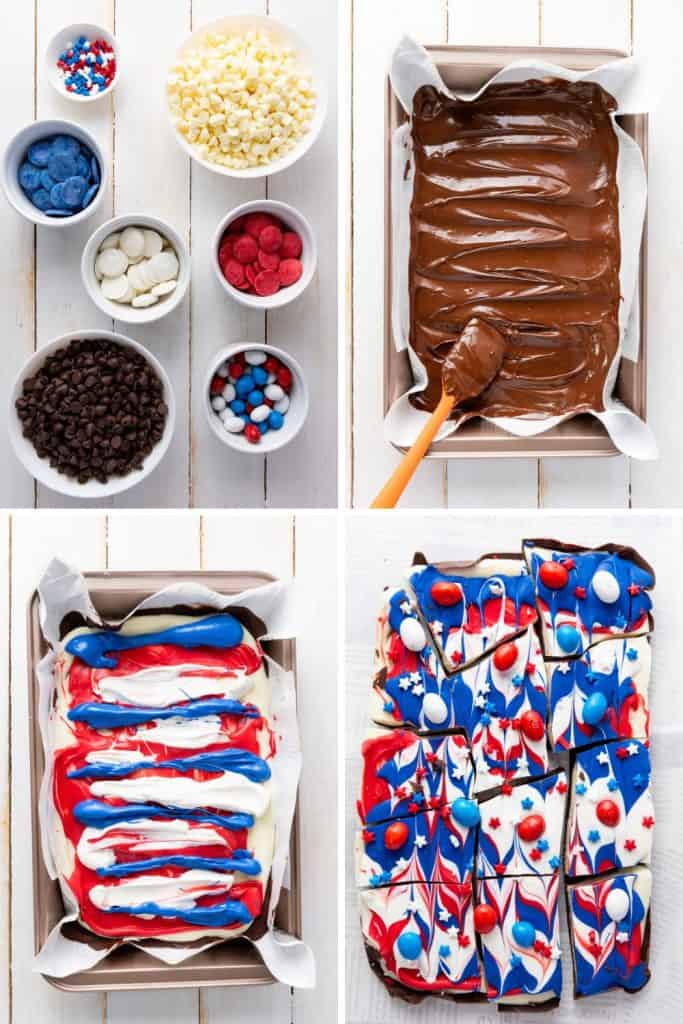 If you're looking for a fun and festive dessert to celebrate your patriotic spirit, this Red, White, and Blue Chocolate Bark is the perfect treat. It's a simple, no-bake recipe that combines the rich flavors of white and semi-sweet chocolate with bright colors that make it perfect for any American holiday!